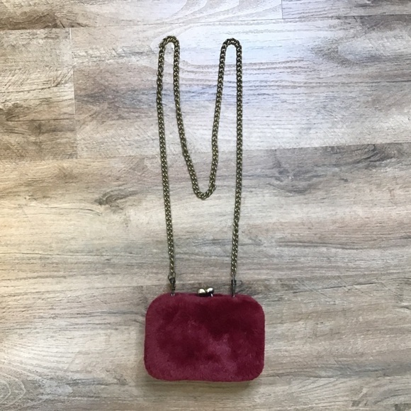 Handbags - FAUX Fur Purse Cross Body Brass Chain Metal Box Frame Burgundy Red